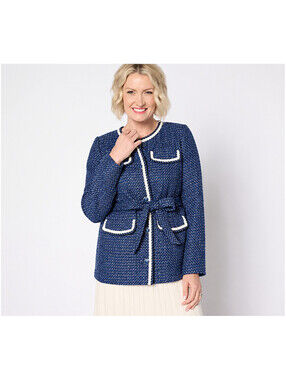 Isaac Mizrahi Live! Regular Woven Tweed Jacket with Self Tie Blue Tweed, X-Large